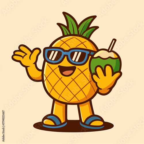 Happy pineapple cartoon mascot with coconut.