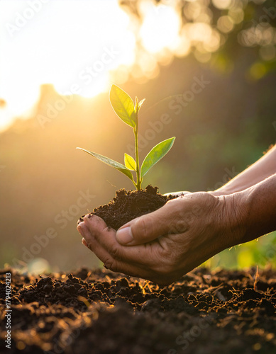 Hands planting small seedlings in fertile soil
