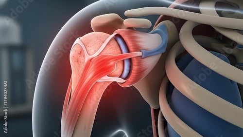 3D anatomical illustration of painful shoulder joint and rotator cuff injury