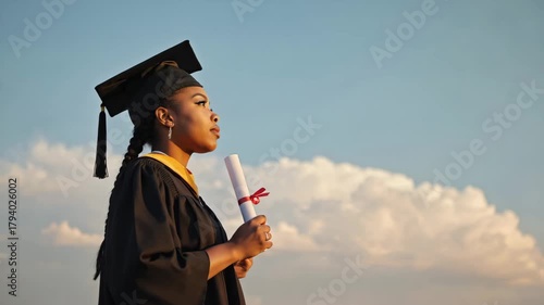 young graduate women with diploma and looking away side view.ai 