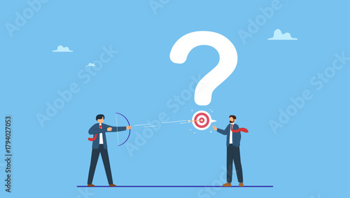 Curios businessman asking good question with target for other to shoot answer. Ask good question, communicate to solve problem, smart question to get best answer, knowledge or learning.