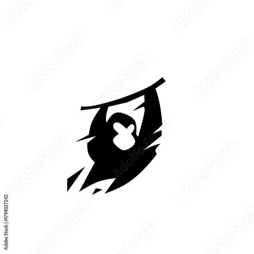 A dynamic, stylized icon of a monkey or ape swinging from a branch, rendered with aggressive, jagged edges, symbolizing agility, wild freedom, powerful movement, and jungle energy.