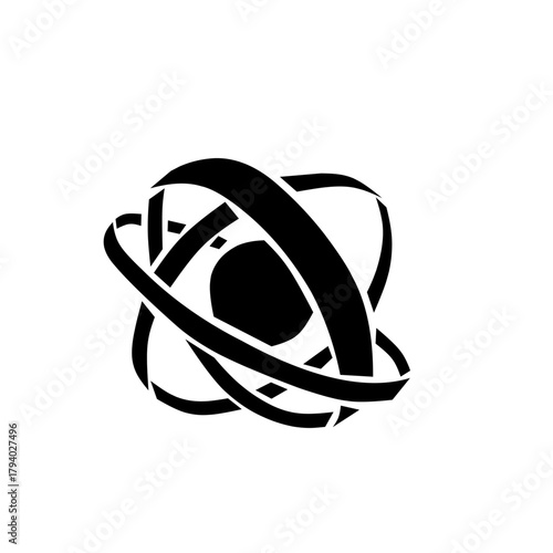 A dynamic, stylized icon of an atom, featuring multiple overlapping orbital rings surrounding a solid nucleus, symbolizing science, technology, physics, and complex, innovative connection.
