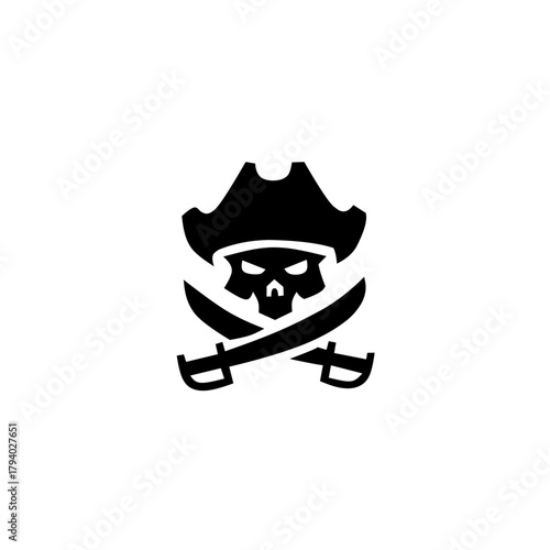 A fierce, stylized black silhouette of a pirate skull wearing a tricorn hat, crossed with two cutlass swords—a classic symbol of adventure, danger, and the high seas.