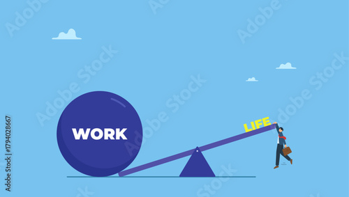 Frustrated businessman on small life compare to heavy work burden. Overworked, exhaustion or burnout, unhealthy work life balance problem, too many work causing fatigue, anxiety or stress.