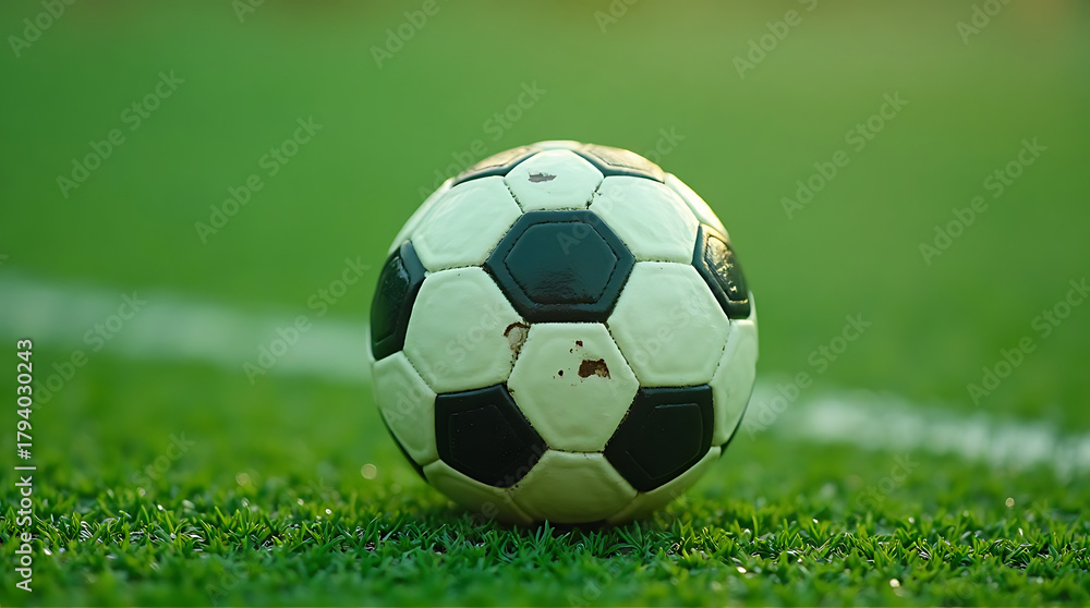 Fototapeta premium Close-up of a classic black and white soccer ball on vibrant green grass field on a sunny day
