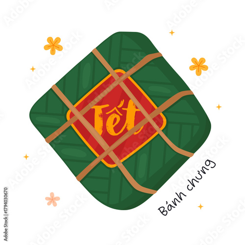 Traditional Vietnamese holiday dish for Lunar New Year (Tet). Sticky rice cake with meat wrapped in banana leaf (banh chung). Asian traditional dish, illustration on white background.