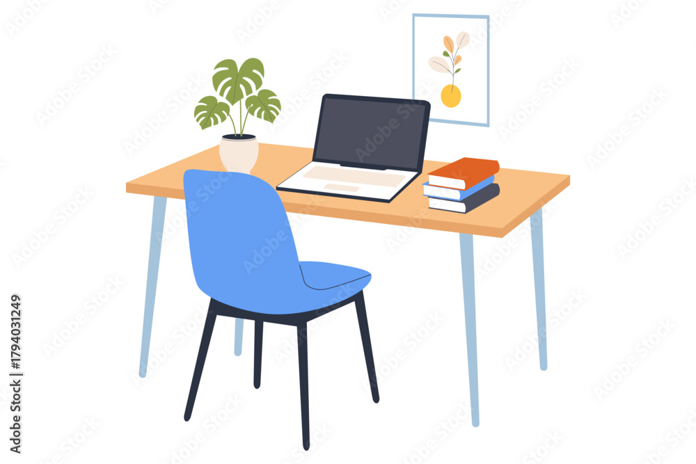 Fototapeta premium Minimalist Work Desk with Laptop and Books. A simple, minimalist work desk with a laptop, a stack of books, and a potted plant, ideal for illustrating remote work, learning, and professional setup