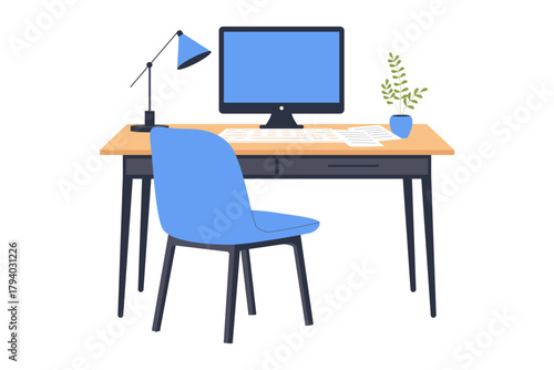 Minimalist Work Desk with Computer Monitor. An illustration of a clean, minimalist work desk featuring a computer monitor, desk lamp and chair, representing a modern and tidy home office