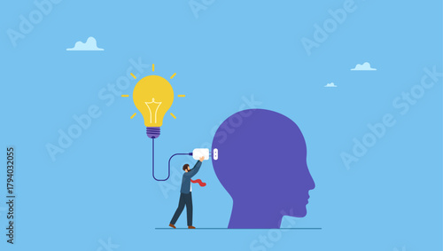 Smart businessman plugin creative lightbulb into his brain head. Creativity and idea thinking, brainstorm for solution, imagination or innovation to create new idea.