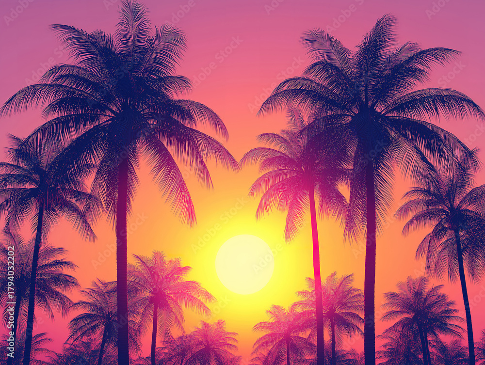 Obraz premium Palm Tree Shadows Set Against a Glowing and Colorful Dusk Sky