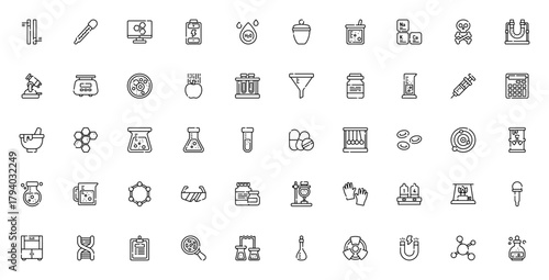 Laboratory icon set. Science vector symbols collectin. Includes test tube, micoscope, DNA, beaker, thermmeter, molecule, bacteria,magnet and more. Editable troke.