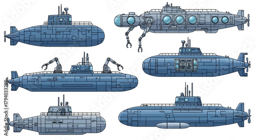 Collection of detailed, stylized illustrations of various blue submarines and underwater vessels.