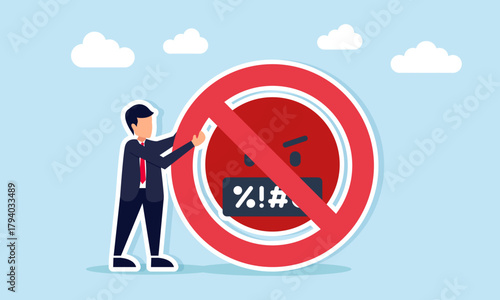Businessman holding a stop icon in front of a red angry emoticon illustration of prohibiting protests or disagreement with business decisions