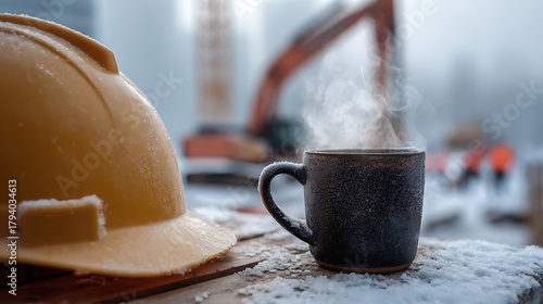 Hot Coffee and Hard Hat at Snowy Construction Site Break Time