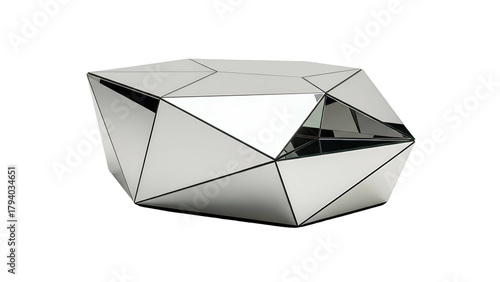 Modern geometric furniture piece displays multifaceted mirrored surfaces against a black background