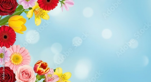 Colorful assortment of blooming flowers frames a soft, light blue background with bokeh effects