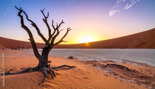 Fototapeta Naklejka Na Ścianę i Meble -  Dramatic Sunset over Deadvlei with Ancient Tree and Sand Dunes.