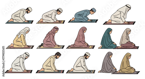 Illustration showing a diverse group of Muslim men and women kneeling in prayer on prayer rugs.