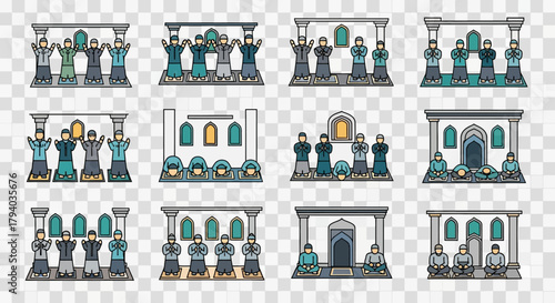 A set of vector illustrations depicting Muslims praying in different mosque settings.