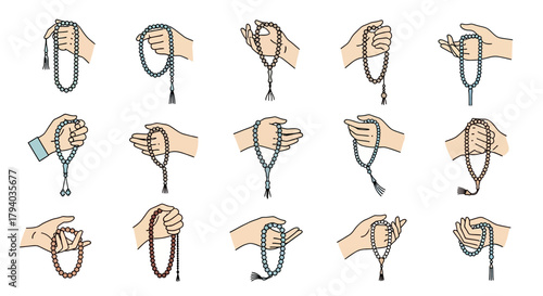 Illustration showing different hand positions and ways to hold prayer beads, demonstrating religious practice.