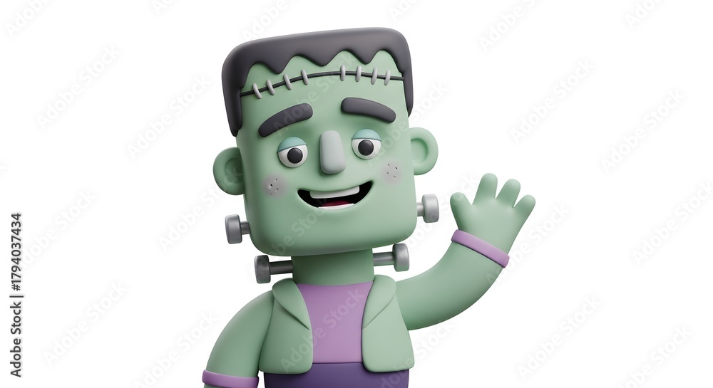 Obraz premium A friendly, cartoonish 3D illustration of Frankenstein's monster waving hello with a smile.
