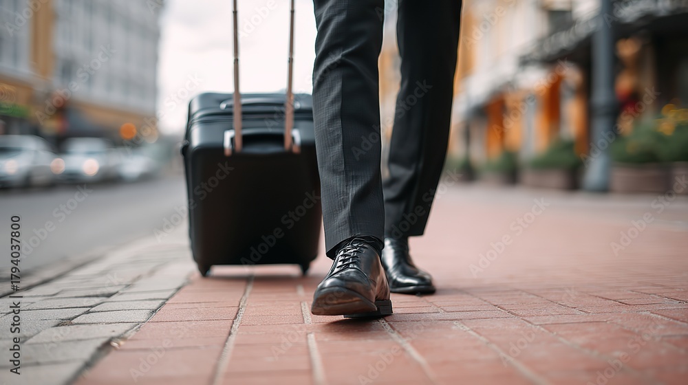 Fototapeta premium Low-angle close-up of business traveler pulling suitcase on red-brick sidewalk, symbolizing global mobility for International Day of Migrants