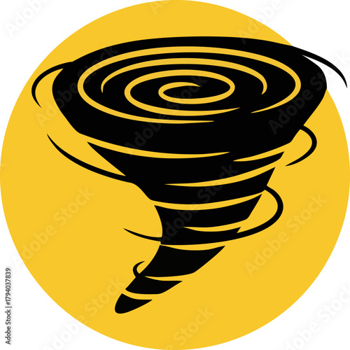 Natural disaster and storm icon. Black whirlwind on yellow background.
