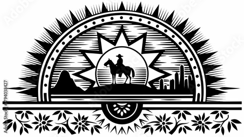 Wild west cowboy riding horse in the desert landscape with mountain and city view