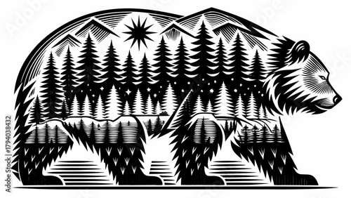 Majestic bear silhouette framing stunning mountain landscape with evergreen forest