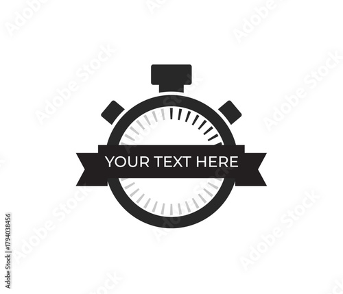 This icon is a black and white stopwatch design. It features a circular timer face with tick marks, centered by a horizontal banner for custom text. It signifies timing productivity or speed.