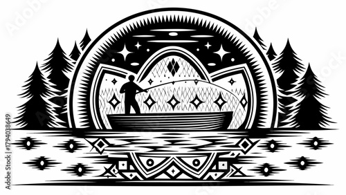 Lone fisherman enjoying nature's beauty in boat, casting rod under starry sky art