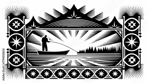 Serene lake fishing scene, tranquil waters reflecting sunrise in decorative woodcut style