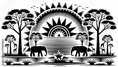 Stunning African wildlife scene featuring elephants and giraffes in silhouette art