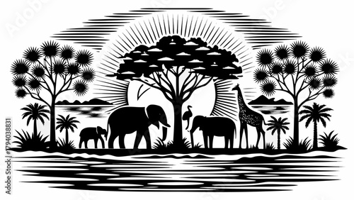 Striking African wildlife silhouette featuring elephants, giraffe, and acacia trees