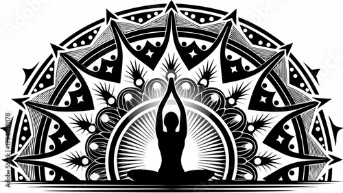 Meditative yoga pose silhouette with sunburst mandala for spiritual wellness