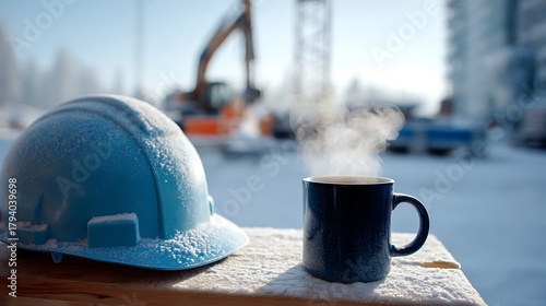 Construction Hard Hat and Steaming Mug at Winter Job Site