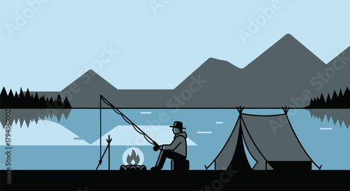 A person fishing by a tranquil lake with a tent and campfire, surrounded by mountains under a clear sky, in a minimalist flat design style.