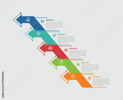 5 elements infographic comparison diagram with arrow growth steps left direction stepping up with 5 step for slide presentation