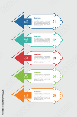 5 elements infographic comparison diagram with round rectangle container with arrow pointer and dot line connector with 5 step for slide presentation
