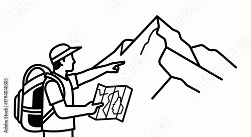 A hiker with a backpack and map pointing towards a tall mountain peak, illustrating adventure and exploration.