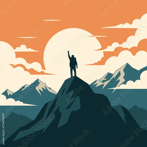 A person triumphantly stands on a mountain peak at sunrise or sunset, celebrating achievement amidst a vast landscape.