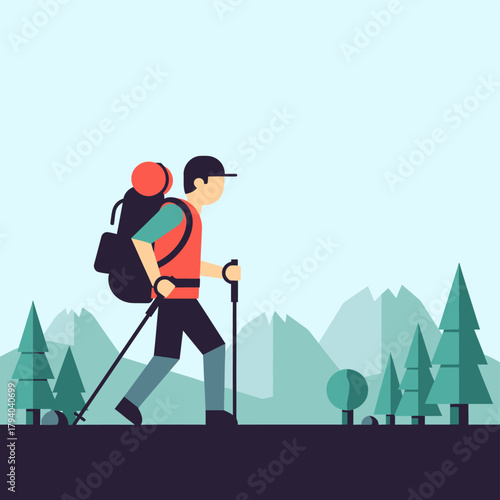 A flat illustration of a person hiking with a backpack and trekking poles in a mountainous landscape with trees.