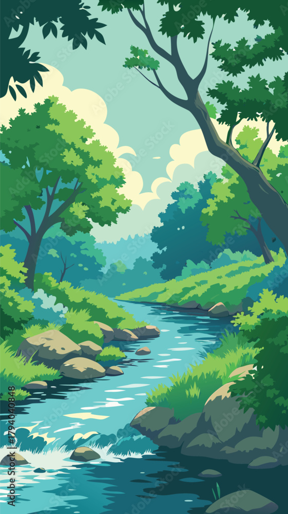 Fototapeta premium Forest stream with rocks and trees