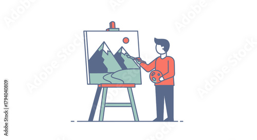 A person painting a landscape with mountains and a sun on an easel, holding a brush and palette.