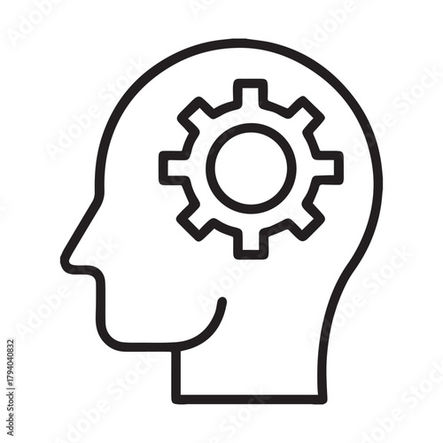 Creative thinking process icon with a human head and gears representing problem solving innovation and a strategic mindset for generating ideas vector icon