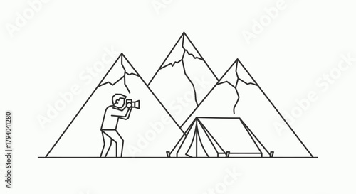 A person camping and taking photos in front of mountains, line art illustration.