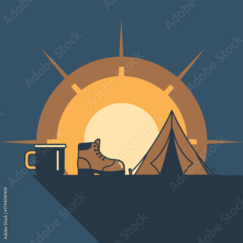 Minimalist flat design illustration depicting a camping scene with a tent, hiking boot, and mug against a stylized sunrise or sunset.