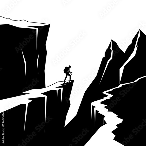 A lone hiker stands on a cliff edge overlooking a vast mountain chasm, a challenging journey ahead.