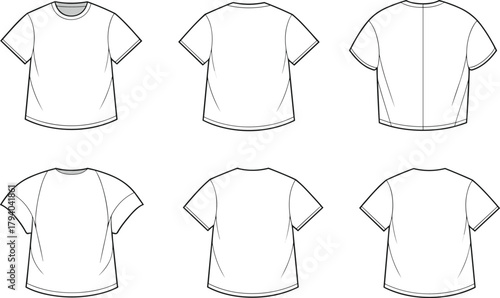 Technical T-shirt back view sketches, fashion flat design, garment construction vector, apparel template, clothing production, textile illustration, style variation set